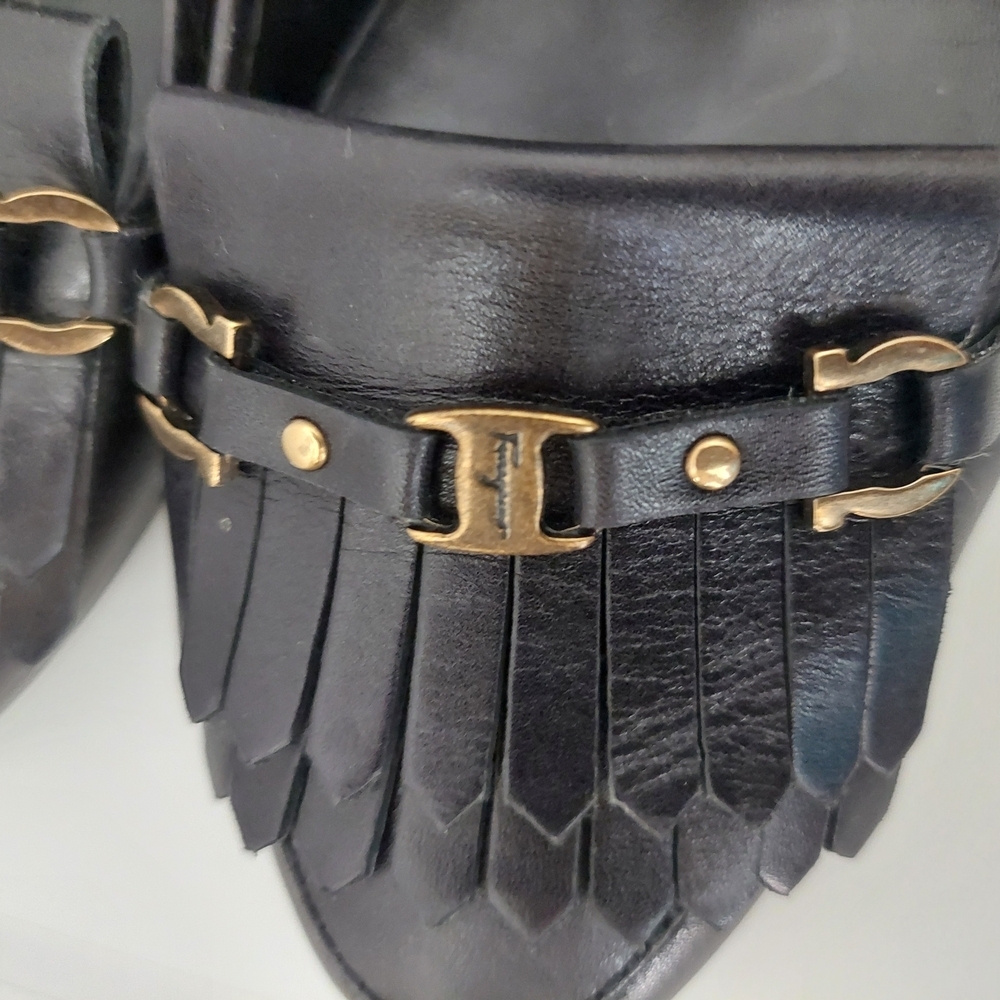 Salvatore Ferragamo Black Heeled Loafers with Gold Accents - Picture 5 of 7